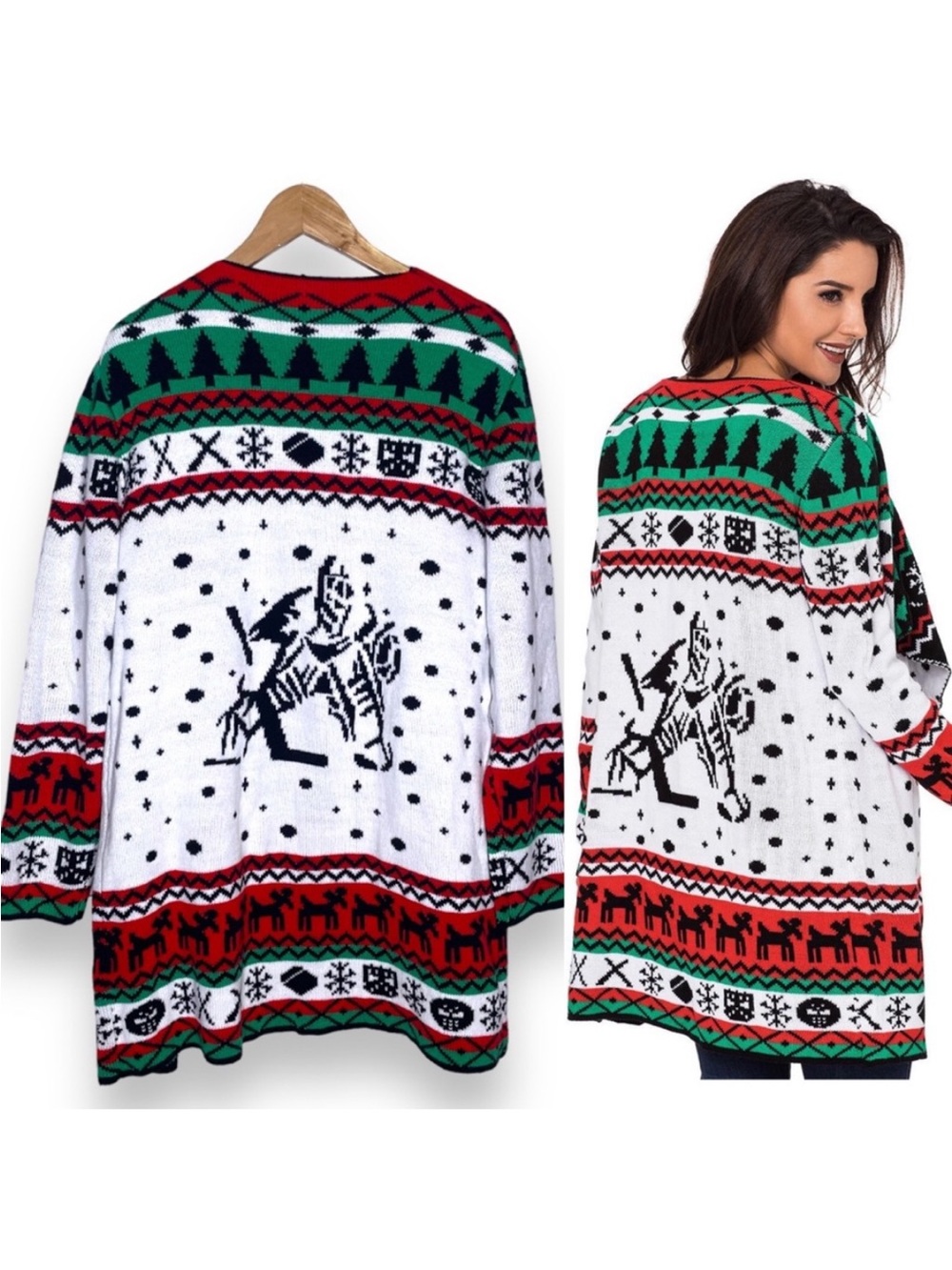 Women's Hockey Open Front Holiday Fair Isle Cardigan Sweater 2XL Knit Reversible